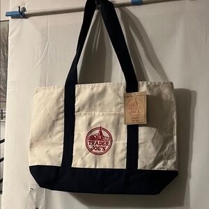Trader Joe's Canvas Tote Bag in Natural and Navy Blue with Red Logo